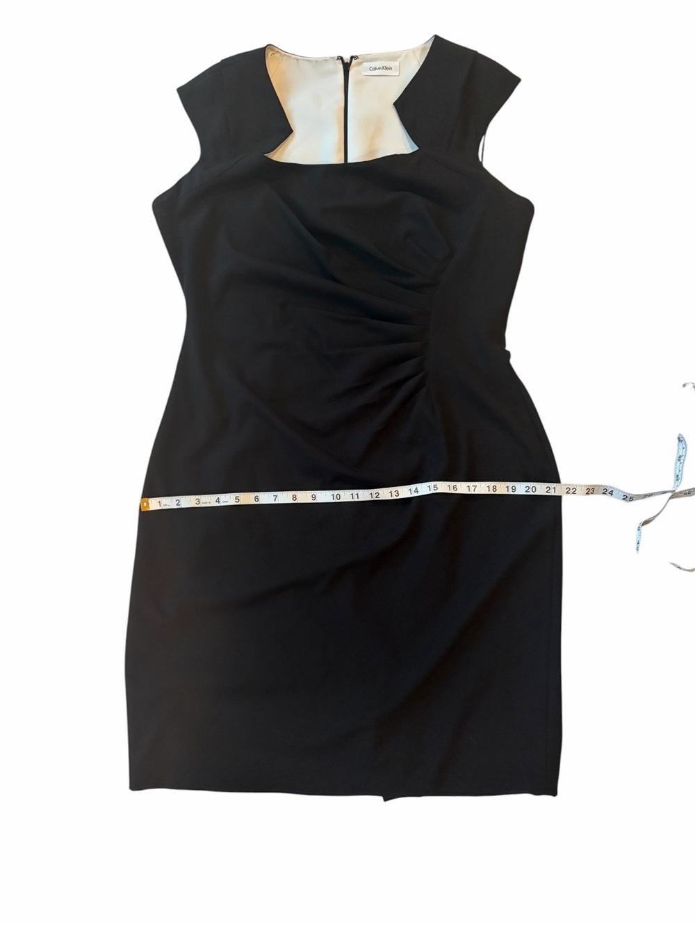 Calvin Klein Black Ruched Side Asymmetric Neck Sheath Dress 14 EUC - Picture 7 of 8